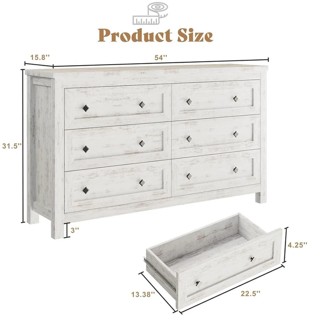 Alt view image 2 of 7 - 6 Drawer Farmhouse Dresser for Bedroom, 54" Wide Dresser TV Stand with Large Drawers, Wood Chest of Drawers with Vintage Grain Texture, Rustic White