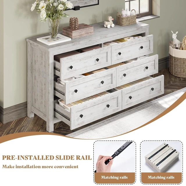 Alt view image 4 of 7 - 6 Drawer Farmhouse Dresser for Bedroom, 54" Wide Dresser TV Stand with Large Drawers, Wood Chest of Drawers with Vintage Grain Texture, Rustic White