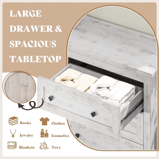 Alt view image 5 of 7 - 6 Drawer Farmhouse Dresser for Bedroom, 54" Wide Dresser TV Stand with Large Drawers, Wood Chest of Drawers with Vintage Grain Texture, Rustic White