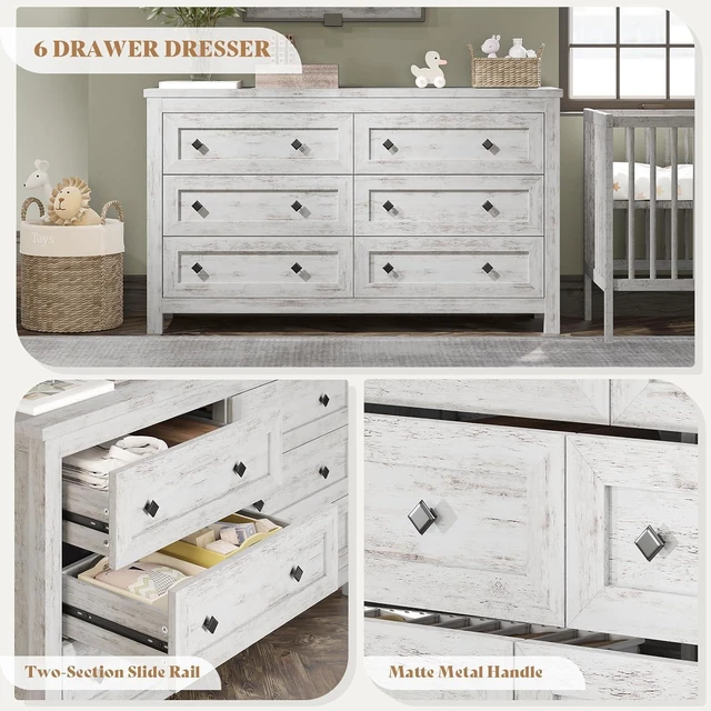Alt view image 6 of 7 - 6 Drawer Farmhouse Dresser for Bedroom, 54" Wide Dresser TV Stand with Large Drawers, Wood Chest of Drawers with Vintage Grain Texture, Rustic White