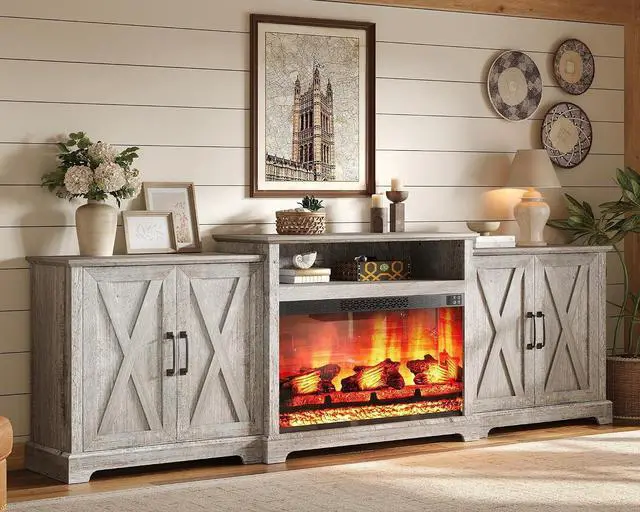 Main image of 97" Large Fireplace TV Stand for TVs up to 110", Farmhouse Entertainment Center with 33" Electric Fireplace, Media Console with Storage Cabinets & Adjustable Shelf, Light Grey