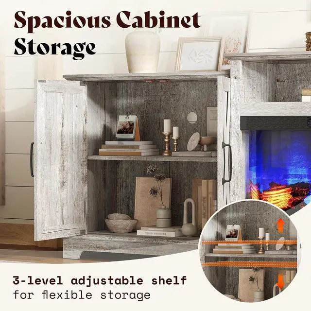 Alt view image 5 of 7 - 97" Large Fireplace TV Stand for TVs up to 110", Farmhouse Entertainment Center with 33" Electric Fireplace, Media Console with Storage Cabinets & Adjustable Shelf, Light Grey