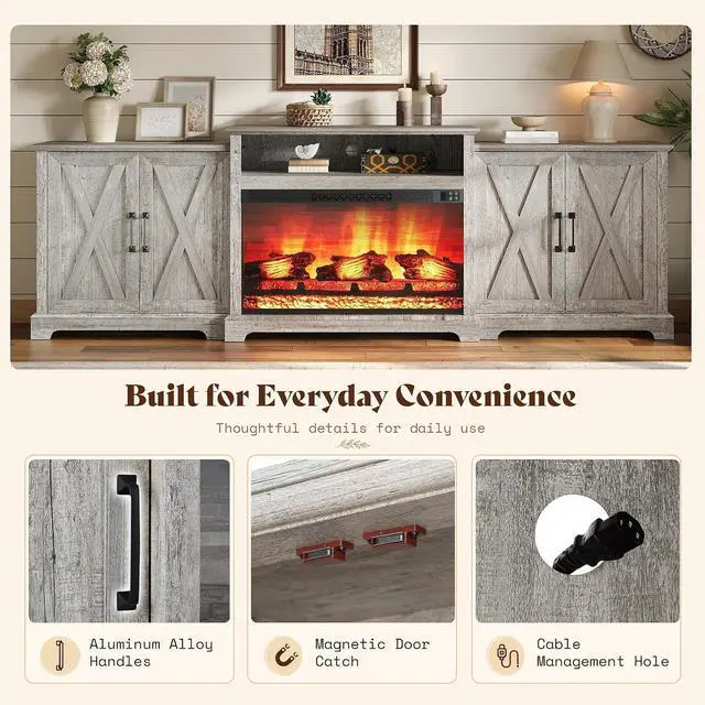 Alt view image 6 of 7 - 97" Large Fireplace TV Stand for TVs up to 110", Farmhouse Entertainment Center with 33" Electric Fireplace, Media Console with Storage Cabinets & Adjustable Shelf, Light Grey