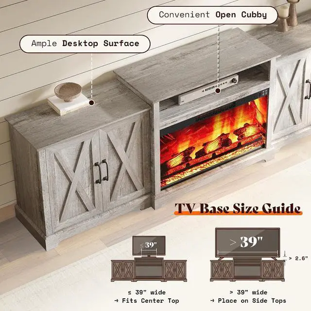Alt view image 7 of 7 - 97" Large Fireplace TV Stand for TVs up to 110", Farmhouse Entertainment Center with 33" Electric Fireplace, Media Console with Storage Cabinets & Adjustable Shelf, Light Grey