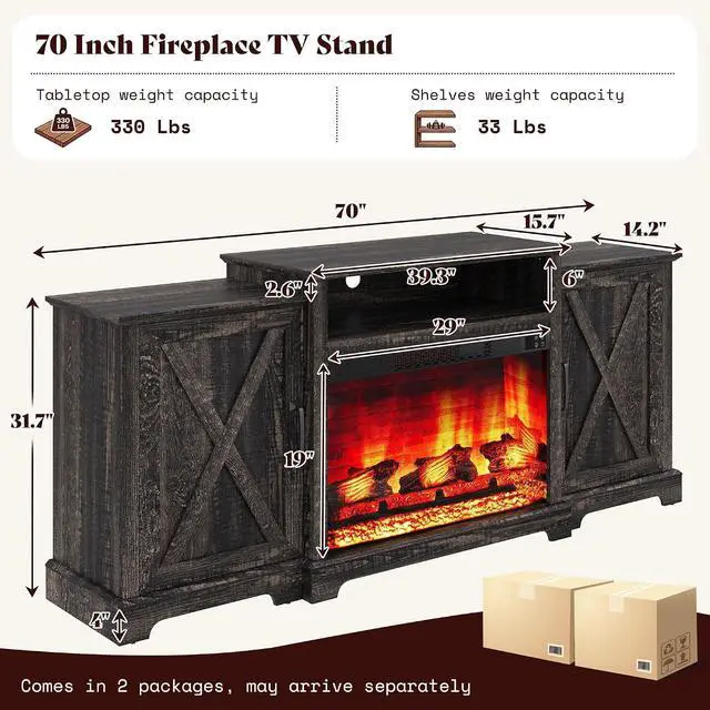 Alt view image 2 of 7 - 70" Farmhouse Fireplace TV Stand for TVs up to 80", Entertainment Center with 29" Electric Fireplace, Media Console with Storage Cabinets & Adjustable Shelf, Rustic Black