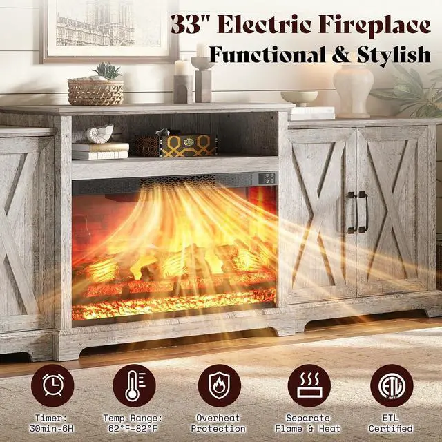 Alt view image 3 of 7 - 97" Large Fireplace TV Stand for TVs up to 110", Farmhouse Entertainment Center with 33" Electric Fireplace, Media Console with Storage Cabinets & Adjustable Shelf, Light Grey