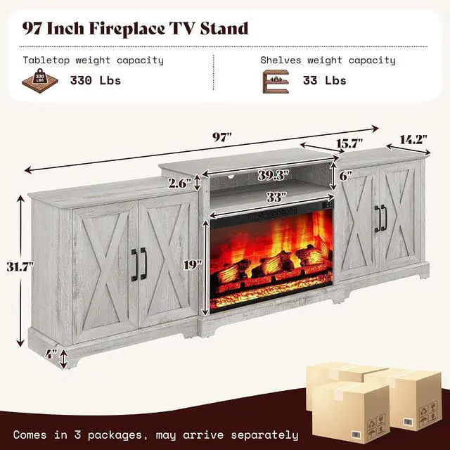 Alt view image 2 of 7 - 97" Large Fireplace TV Stand for TVs up to 110", Farmhouse Entertainment Center with 33" Electric Fireplace, Media Console with Storage Cabinets & Adjustable Shelf, Light Grey