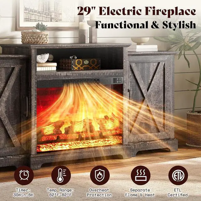 Alt view image 3 of 7 - 70" Farmhouse Fireplace TV Stand for TVs up to 80", Entertainment Center with 29" Electric Fireplace, Media Console with Storage Cabinets & Adjustable Shelf, Rustic Black