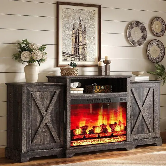 Main image of 70" Farmhouse Fireplace TV Stand for TVs up to 80", Entertainment Center with 29" Electric Fireplace, Media Console with Storage Cabinets & Adjustable Shelf, Rustic Black