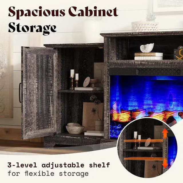 Alt view image 5 of 7 - 70" Farmhouse Fireplace TV Stand for TVs up to 80", Entertainment Center with 29" Electric Fireplace, Media Console with Storage Cabinets & Adjustable Shelf, Rustic Black