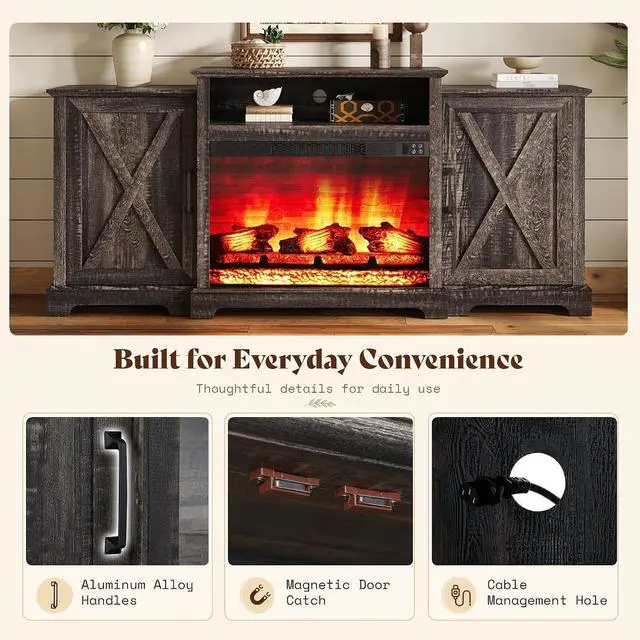 Alt view image 6 of 7 - 70" Farmhouse Fireplace TV Stand for TVs up to 80", Entertainment Center with 29" Electric Fireplace, Media Console with Storage Cabinets & Adjustable Shelf, Rustic Black