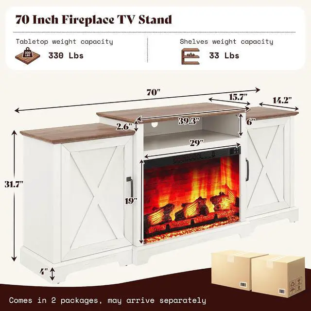 Alt view image 2 of 7 - 70" Farmhouse Fireplace TV Stand for TVs up to 80", Entertainment Center with 29" Electric Fireplace, Media Console with Storage Cabinets & Adjustable Shelf, White