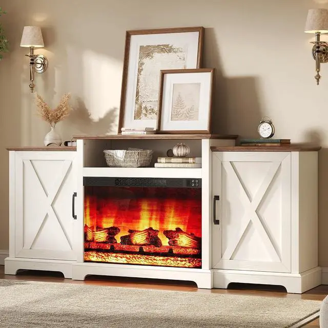 Main image of 70" Farmhouse Fireplace TV Stand for TVs up to 80", Entertainment Center with 29" Electric Fireplace, Media Console with Storage Cabinets & Adjustable Shelf, White