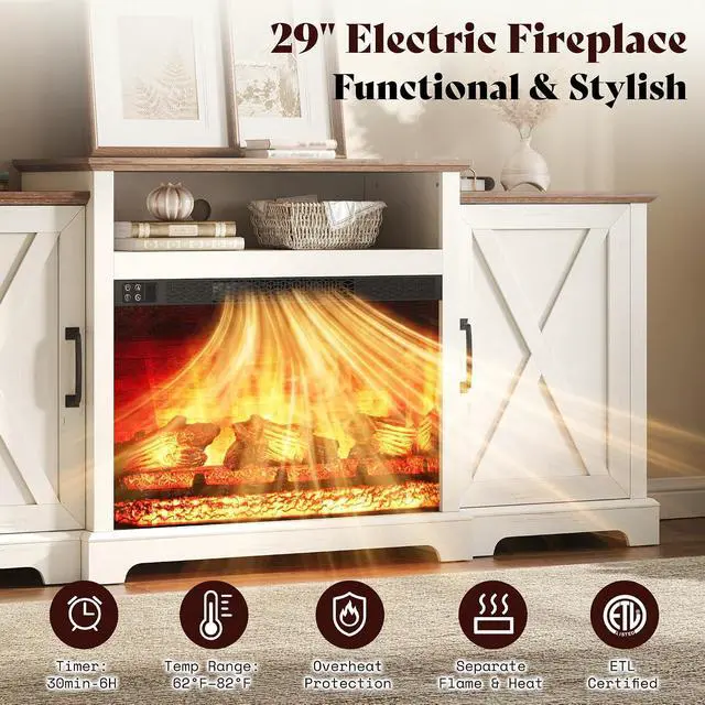 Alt view image 3 of 7 - 70" Farmhouse Fireplace TV Stand for TVs up to 80", Entertainment Center with 29" Electric Fireplace, Media Console with Storage Cabinets & Adjustable Shelf, White