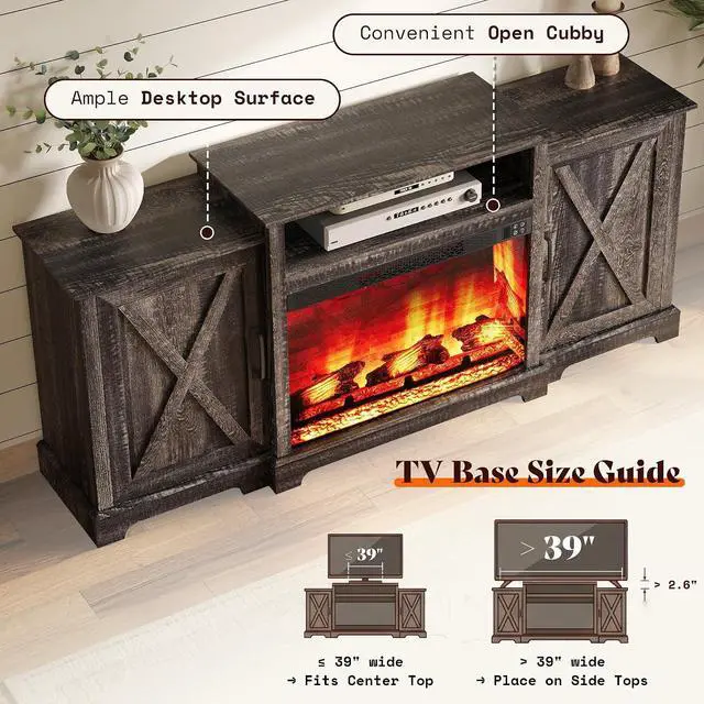 Alt view image 7 of 7 - 70" Farmhouse Fireplace TV Stand for TVs up to 80", Entertainment Center with 29" Electric Fireplace, Media Console with Storage Cabinets & Adjustable Shelf, Rustic Black