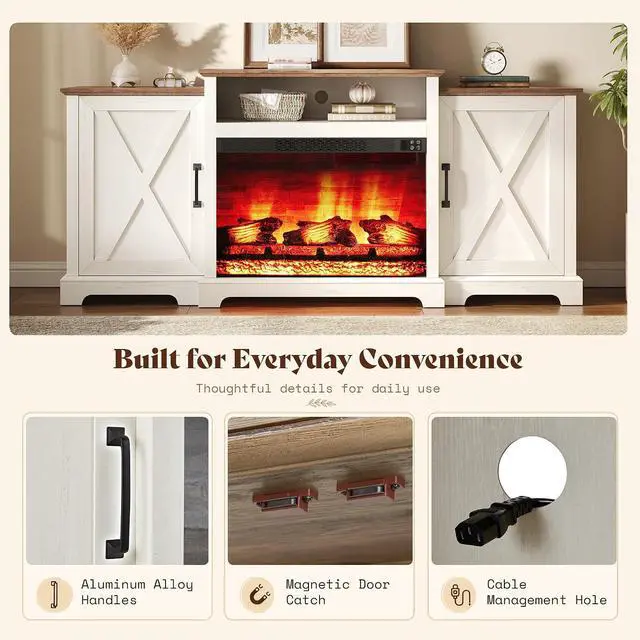Alt view image 6 of 7 - 70" Farmhouse Fireplace TV Stand for TVs up to 80", Entertainment Center with 29" Electric Fireplace, Media Console with Storage Cabinets & Adjustable Shelf, White