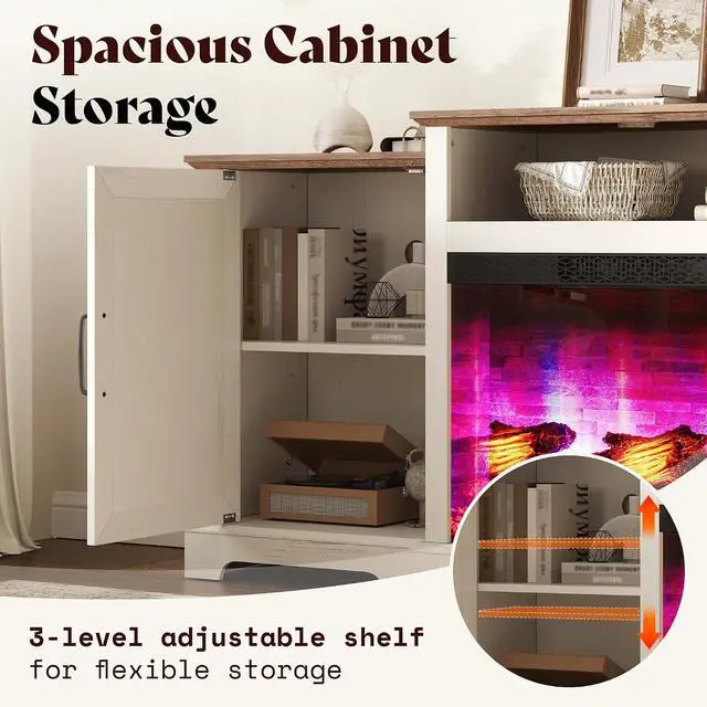 Alt view image 5 of 7 - 70" Farmhouse Fireplace TV Stand for TVs up to 80", Entertainment Center with 29" Electric Fireplace, Media Console with Storage Cabinets & Adjustable Shelf, White