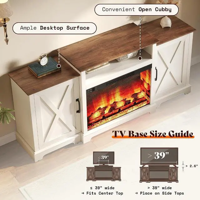 Alt view image 7 of 7 - 70" Farmhouse Fireplace TV Stand for TVs up to 80", Entertainment Center with 29" Electric Fireplace, Media Console with Storage Cabinets & Adjustable Shelf, White