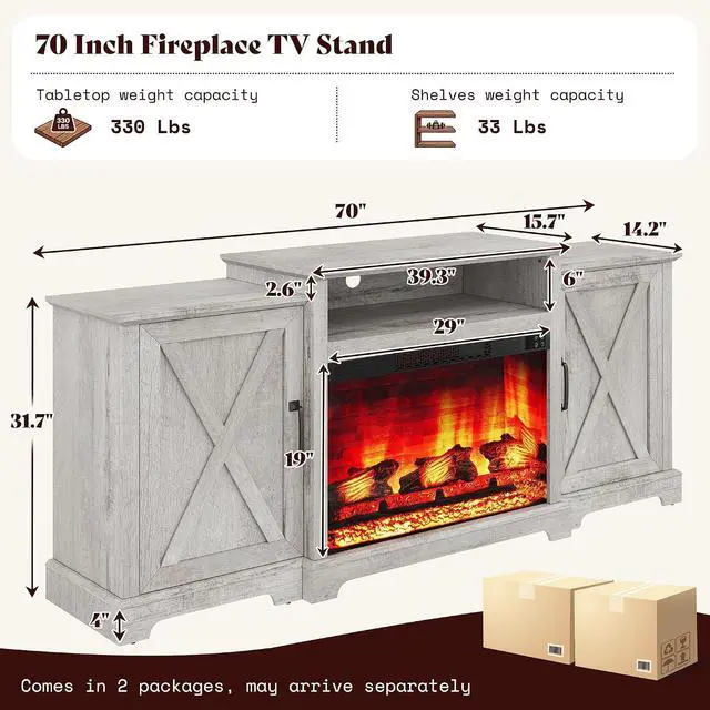 Alt view image 2 of 7 - 70" Farmhouse Fireplace TV Stand for TVs up to 80", Entertainment Center with 29" Electric Fireplace, Media Console with Storage Cabinets & Adjustable Shelf, Light Grey