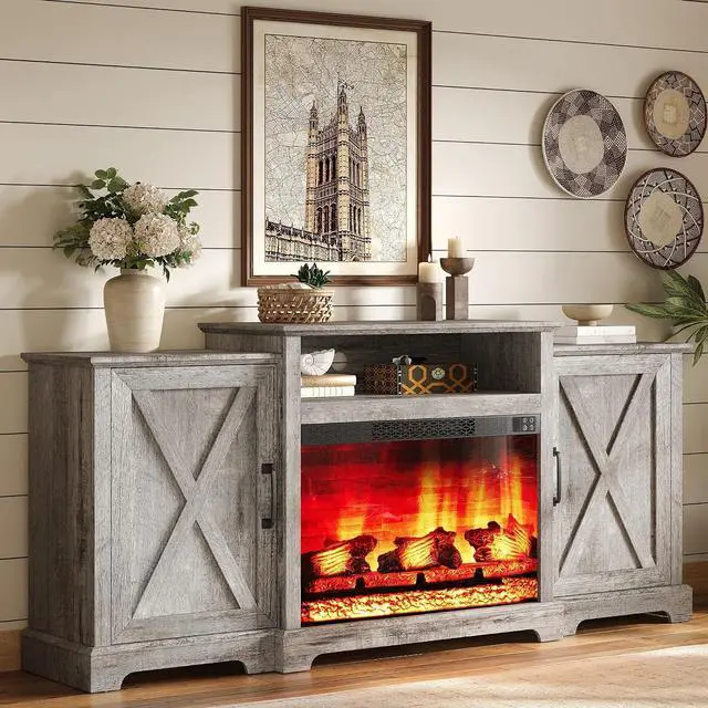 Main image of 70" Farmhouse Fireplace TV Stand for TVs up to 80", Entertainment Center with 29" Electric Fireplace, Media Console with Storage Cabinets & Adjustable Shelf, Light Grey