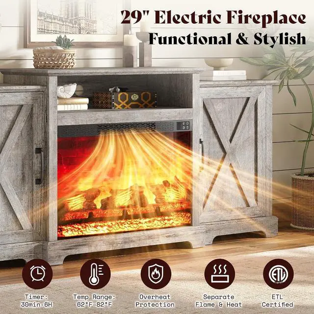 Alt view image 3 of 7 - 70" Farmhouse Fireplace TV Stand for TVs up to 80", Entertainment Center with 29" Electric Fireplace, Media Console with Storage Cabinets & Adjustable Shelf, Light Grey