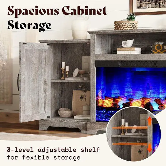 Alt view image 5 of 7 - 70" Farmhouse Fireplace TV Stand for TVs up to 80", Entertainment Center with 29" Electric Fireplace, Media Console with Storage Cabinets & Adjustable Shelf, Light Grey