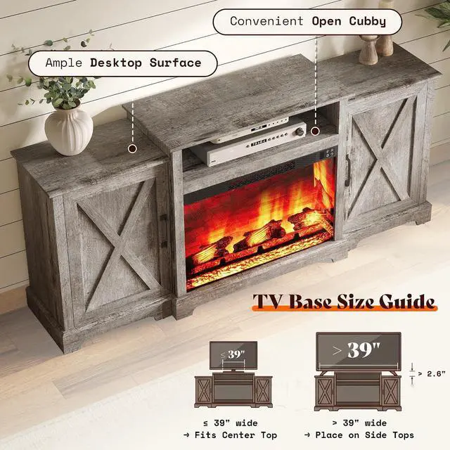 Alt view image 7 of 7 - 70" Farmhouse Fireplace TV Stand for TVs up to 80", Entertainment Center with 29" Electric Fireplace, Media Console with Storage Cabinets & Adjustable Shelf, Light Grey