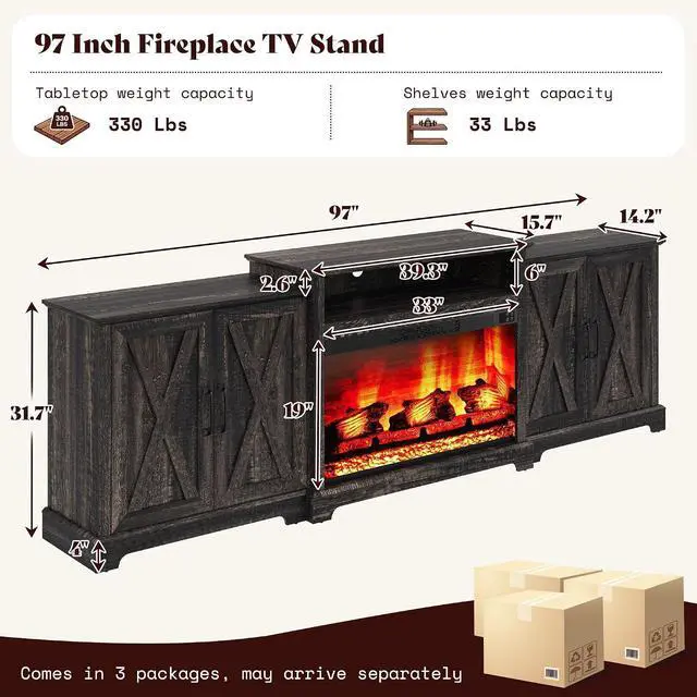 Alt view image 2 of 7 - 97" Large Fireplace TV Stand for TVs up to 110", Farmhouse Entertainment Center with 33" Electric Fireplace, Media Console with Storage Cabinets & Adjustable Shelf, Rustic Black