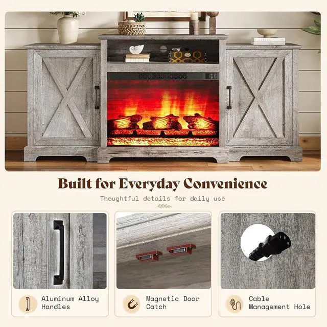 Alt view image 6 of 7 - 70" Farmhouse Fireplace TV Stand for TVs up to 80", Entertainment Center with 29" Electric Fireplace, Media Console with Storage Cabinets & Adjustable Shelf, Light Grey