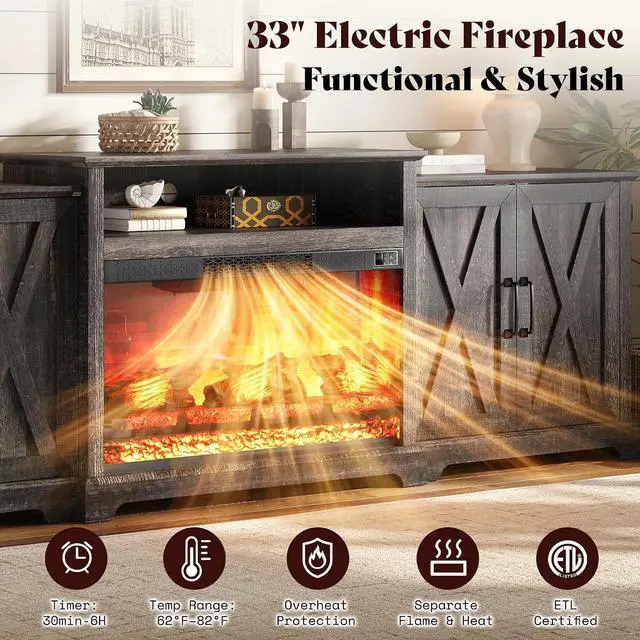 Alt view image 3 of 7 - 97" Large Fireplace TV Stand for TVs up to 110", Farmhouse Entertainment Center with 33" Electric Fireplace, Media Console with Storage Cabinets & Adjustable Shelf, Rustic Black