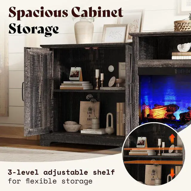 Alt view image 5 of 7 - 97" Large Fireplace TV Stand for TVs up to 110", Farmhouse Entertainment Center with 33" Electric Fireplace, Media Console with Storage Cabinets & Adjustable Shelf, Rustic Black