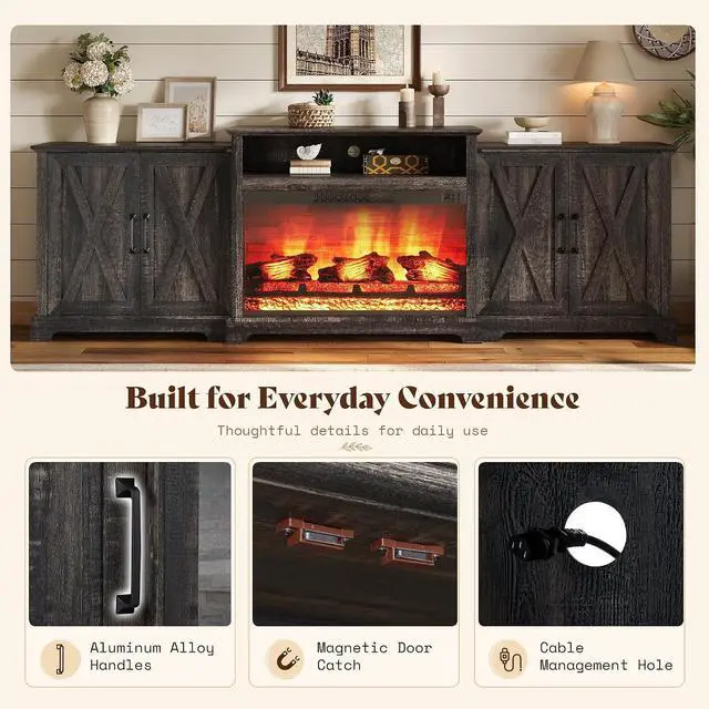 Alt view image 6 of 7 - 97" Large Fireplace TV Stand for TVs up to 110", Farmhouse Entertainment Center with 33" Electric Fireplace, Media Console with Storage Cabinets & Adjustable Shelf, Rustic Black
