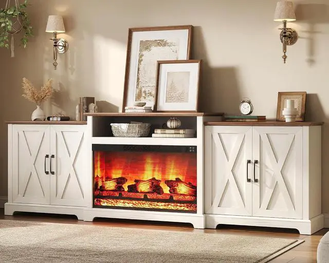 Main image of 97" Large Fireplace TV Stand for TVs up to 110", Farmhouse Entertainment Center with 33" Electric Fireplace, Media Console with Storage Cabinets & Adjustable Shelf, White