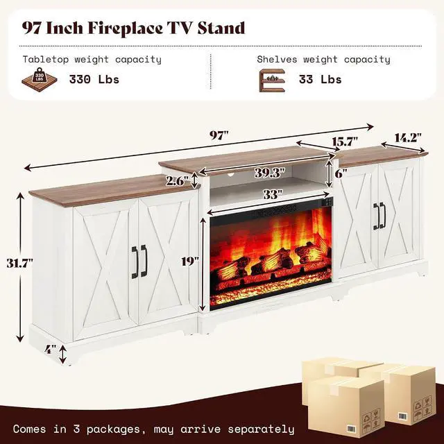 Alt view image 2 of 7 - 97" Large Fireplace TV Stand for TVs up to 110", Farmhouse Entertainment Center with 33" Electric Fireplace, Media Console with Storage Cabinets & Adjustable Shelf, White