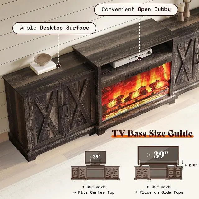 Alt view image 7 of 7 - 97" Large Fireplace TV Stand for TVs up to 110", Farmhouse Entertainment Center with 33" Electric Fireplace, Media Console with Storage Cabinets & Adjustable Shelf, Rustic Black
