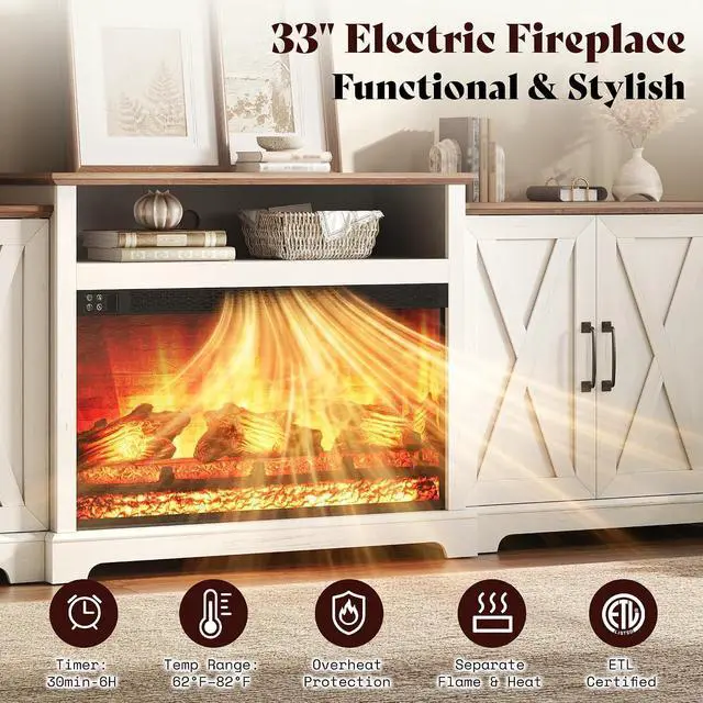 Alt view image 3 of 7 - 97" Large Fireplace TV Stand for TVs up to 110", Farmhouse Entertainment Center with 33" Electric Fireplace, Media Console with Storage Cabinets & Adjustable Shelf, White