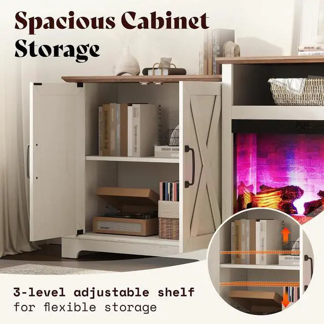 Alt view image 5 of 7 - 97" Large Fireplace TV Stand for TVs up to 110", Farmhouse Entertainment Center with 33" Electric Fireplace, Media Console with Storage Cabinets & Adjustable Shelf, White