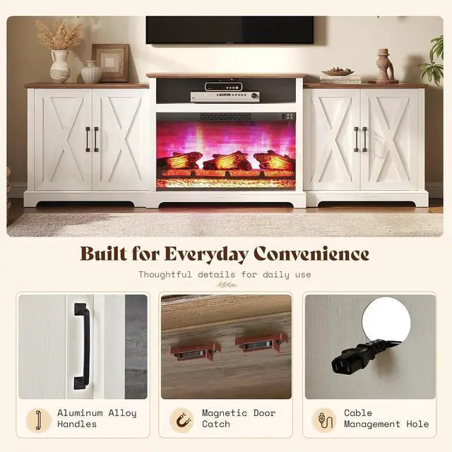 Alt view image 6 of 7 - 97" Large Fireplace TV Stand for TVs up to 110", Farmhouse Entertainment Center with 33" Electric Fireplace, Media Console with Storage Cabinets & Adjustable Shelf, White