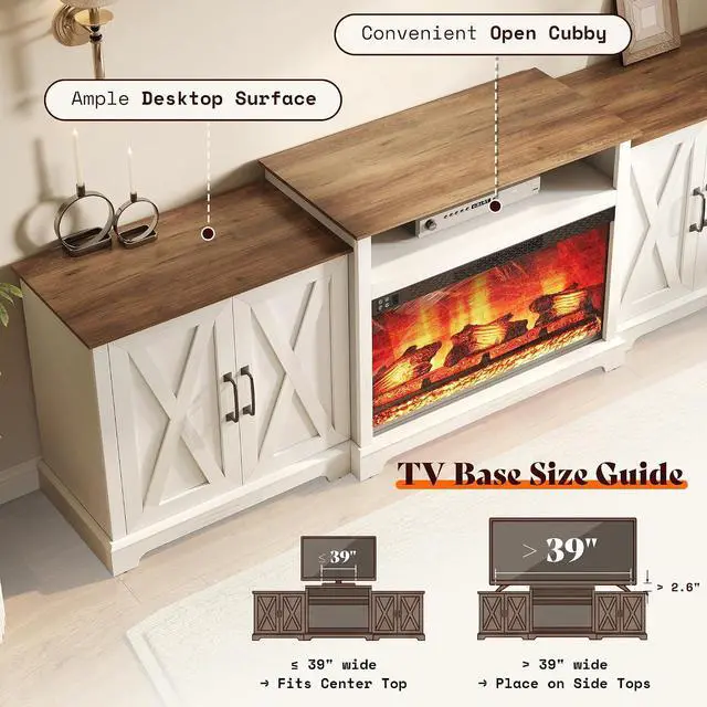 Alt view image 7 of 7 - 97" Large Fireplace TV Stand for TVs up to 110", Farmhouse Entertainment Center with 33" Electric Fireplace, Media Console with Storage Cabinets & Adjustable Shelf, White