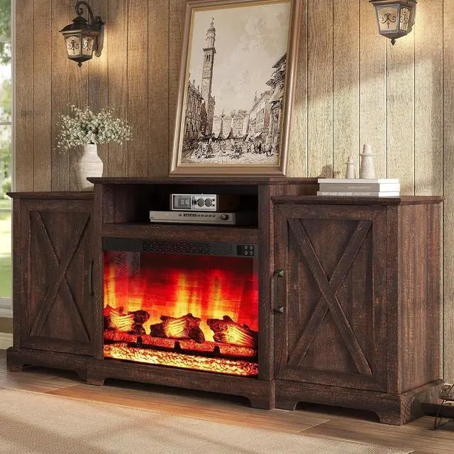 Main image of 70" Farmhouse Fireplace TV Stand for TVs up to 80", Entertainment Center with 29" Electric Fireplace, Media Console with Storage Cabinets & Adjustable Shelf, Rustic Brown
