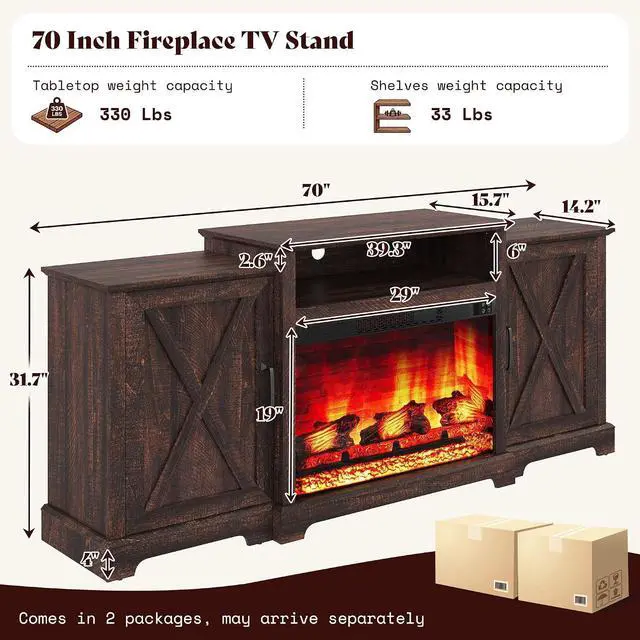 Alt view image 2 of 7 - 70" Farmhouse Fireplace TV Stand for TVs up to 80", Entertainment Center with 29" Electric Fireplace, Media Console with Storage Cabinets & Adjustable Shelf, Rustic Brown