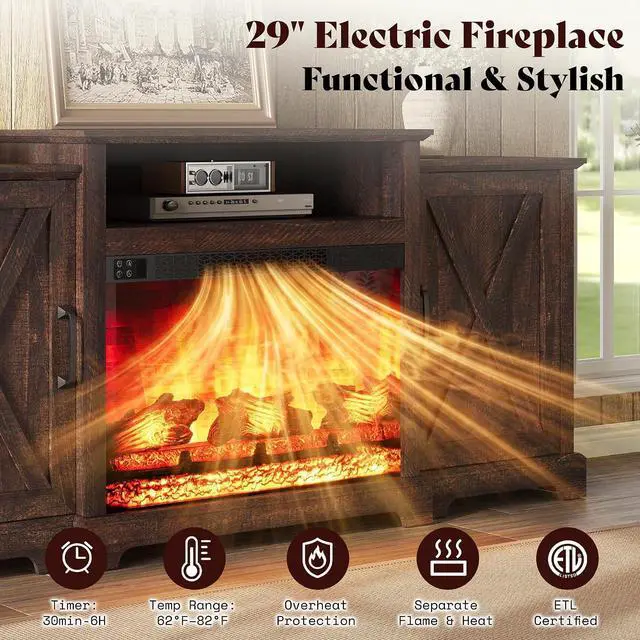 Alt view image 3 of 7 - 70" Farmhouse Fireplace TV Stand for TVs up to 80", Entertainment Center with 29" Electric Fireplace, Media Console with Storage Cabinets & Adjustable Shelf, Rustic Brown