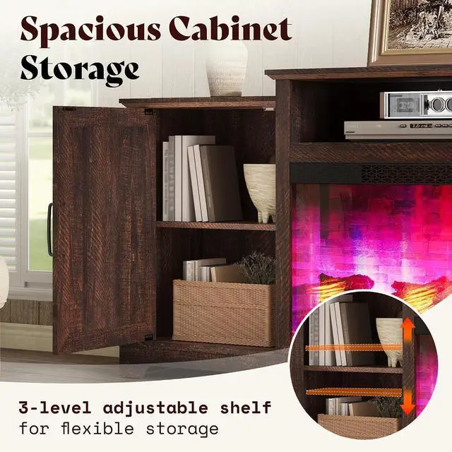 Alt view image 5 of 7 - 70" Farmhouse Fireplace TV Stand for TVs up to 80", Entertainment Center with 29" Electric Fireplace, Media Console with Storage Cabinets & Adjustable Shelf, Rustic Brown