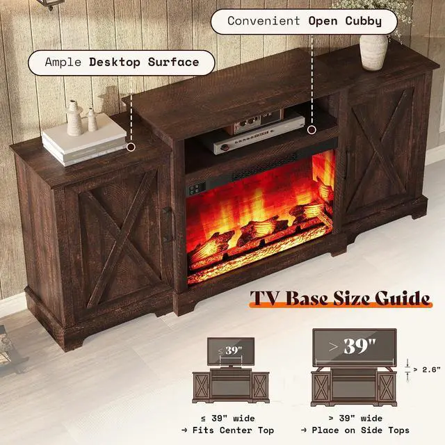 Alt view image 7 of 7 - 70" Farmhouse Fireplace TV Stand for TVs up to 80", Entertainment Center with 29" Electric Fireplace, Media Console with Storage Cabinets & Adjustable Shelf, Rustic Brown