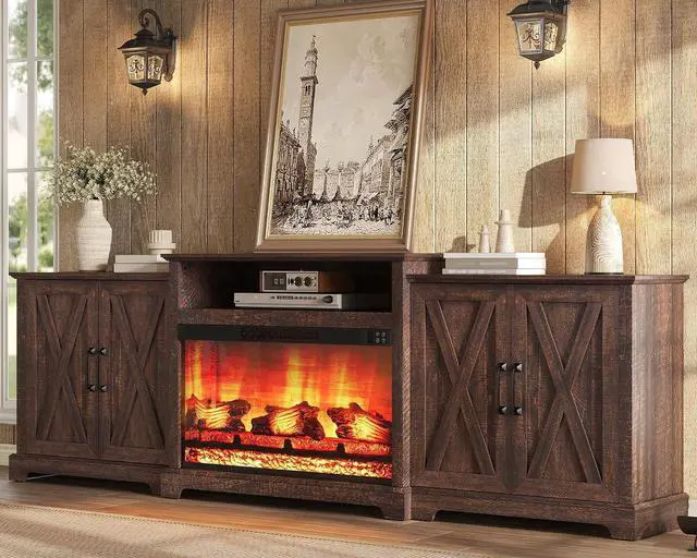 Main image of 97" Large Fireplace TV Stand for TVs up to 110", Farmhouse Entertainment Center with 33" Electric Fireplace, Media Console with Storage Cabinets & Adjustable Shelf, Rustic Brown