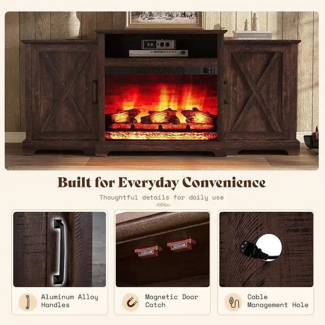 Alt view image 6 of 7 - 70" Farmhouse Fireplace TV Stand for TVs up to 80", Entertainment Center with 29" Electric Fireplace, Media Console with Storage Cabinets & Adjustable Shelf, Rustic Brown