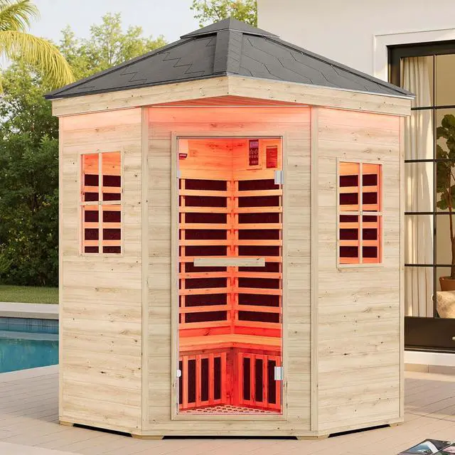 Alt view image 4 of 7 - Outdoor Sauna 4 Person, Asphalt Shingle Roof, Infrared Saunas for Home, Low EMF 2850W/240V/20A Finnish Spruce Wood Dry Sauna with 12 Carbon Panels, 7-Color Light Therapy & 2 Bluetooth Speakers