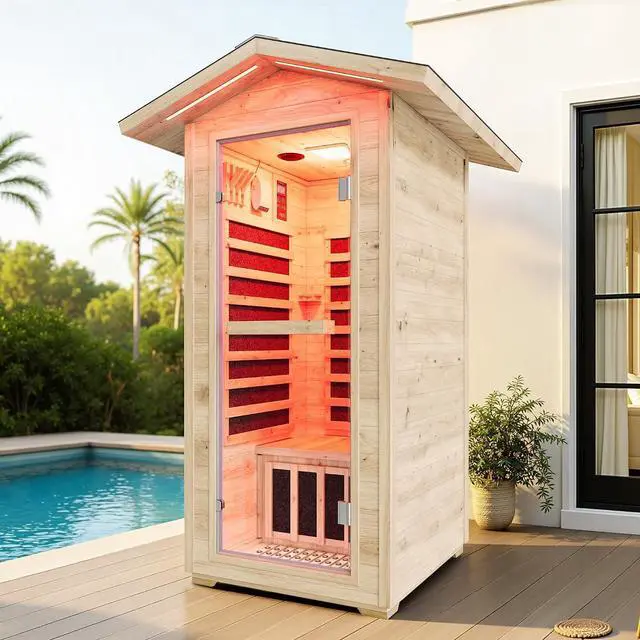 Main image of Outdoor Sauna 1 Person, Asphalt Shingle Roof, Infrared Saunas for Home, Low EMF 110V/15A Finnish Spruce Wood Dry Sauna with 5 Carbon Panels, 7-Color Light Therapy & 2 Bluetooth Speakers