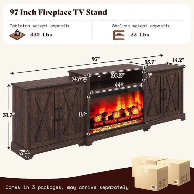 Alt view image 2 of 7 - 97" Large Fireplace TV Stand for TVs up to 110", Farmhouse Entertainment Center with 33" Electric Fireplace, Media Console with Storage Cabinets & Adjustable Shelf, Rustic Brown