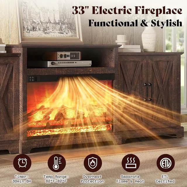 Alt view image 3 of 7 - 97" Large Fireplace TV Stand for TVs up to 110", Farmhouse Entertainment Center with 33" Electric Fireplace, Media Console with Storage Cabinets & Adjustable Shelf, Rustic Brown